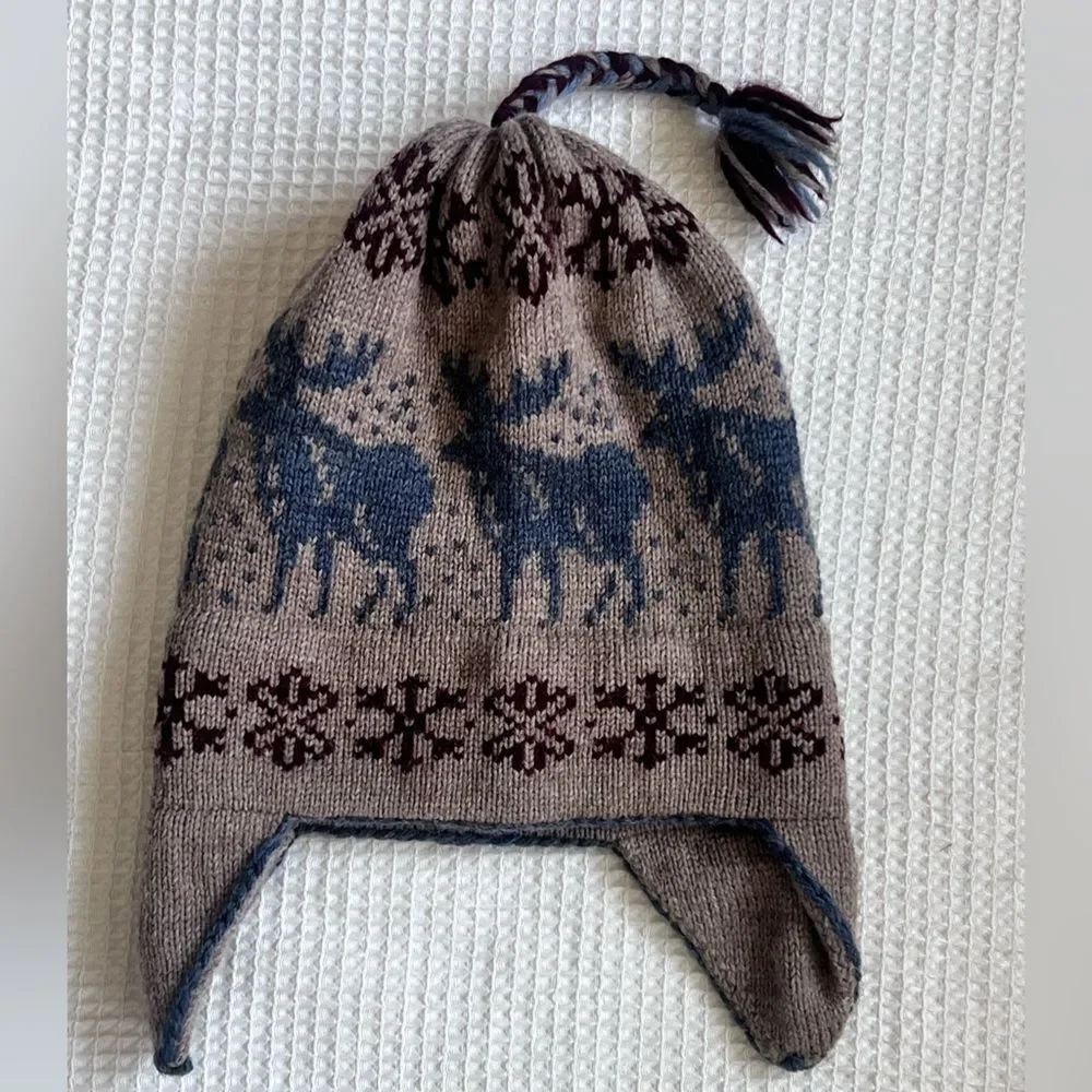 Caribou Wool Women Men Reindeer Cozy Knit Tan Red Beanie Hat with Earflaps OS